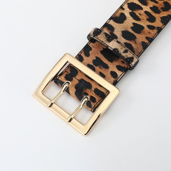 Women Leather Wide Fashion Thick Dress Belt With Gold Buckle Belt Leopard Gold - Picture 3 of 7